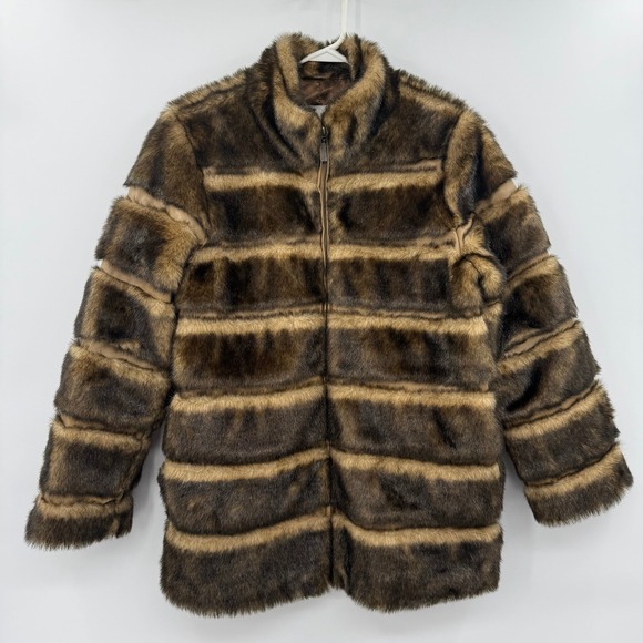 Pamela McCoy Faux Fur Brown Jacket Coat Satin Lining Womens small full zip - Picture 1 of 9